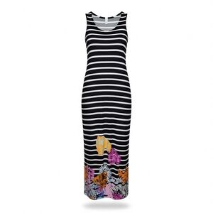 Ninety sleeveless scoop neck black white striped, floral maxi dress size large